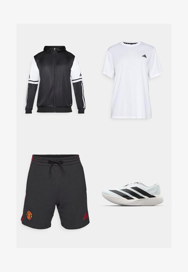 Juodas džinsinis užtrauktukas su baltais rankovėmis ir trimis baltais dryžiais ant rankų. Pagamintas iš lygaus, lengvo audinio. Džinsinio dizainas įtrauktas.; Balta sportinė marškinėliai trumpomis rankovėmis, pagaminti iš drėgmę šalinančios medžiagos. Kairėje krūtinės pusėje yra juodas logotipas, o apykaklės viduje yra raštuotas dizainas.; Juodai šortai su raudonomis šoninėmis juostomis. Ypatybės: elastingas juosmuo su virvele ir išsiuvinėtas Mančesterio „United“ logotipas ant kojos.; Lengvi bėgimo batai šviesiai mėlynos spalvos su juodomis juostelėmis. Yra lygus viršus, apvalus pirštas ir storas baltas vidpadis su užrašu "LIGHTSTRIKE PRO."