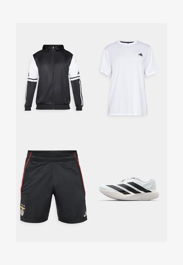 Zwarte zip-up hoodie met witte mouwen en drie witte strepen langs de armen. Gemaakt van een gladde, lichte stof. Inclusief ontwerp van de hoodie.; Witte sport T-shirt met korte mouwen, gemaakt van vochtafvoerende stof. Heeft een zwart logo op de linkerkant van de borst en een gemusterde binnenhals.; Zwarte sportshorts met rode zijstrepen, elastische tailleband, voorzien van een teamlogo en drie gouden sterren. Gemaakt van een glad, ademend materiaal.; Lichte hardloopschoenen in lichtblauw met zwarte strepen. Beschikt over een soepele bovenkant, ronde neusstuk en dikke witte tussenzool met het label "LIGHTSTRIKE PRO."