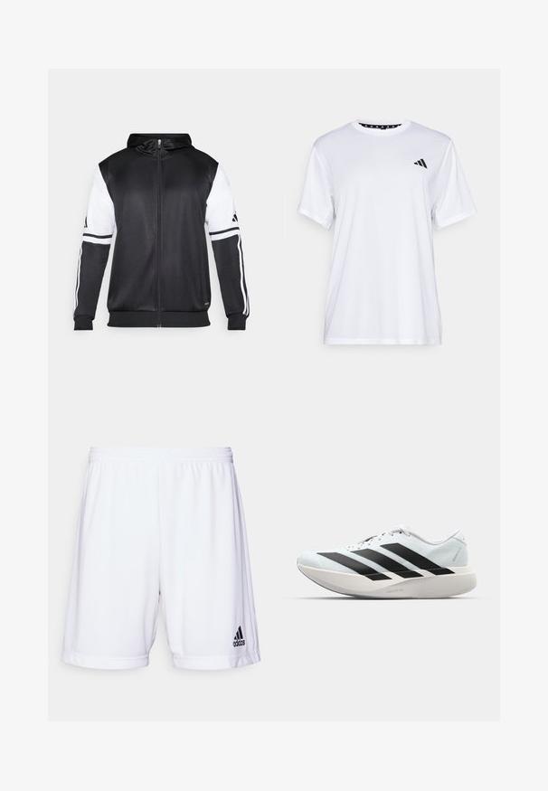 Svart hettegenser med glidelås som har hvite ermer og tre hvite striper langs armene. Laget av et glatt, lett stoff. Designet inkluderer hettegenseren.; Hvit trenings T-skjorte med korte ermer, laget av fukttransporterende stoff. Har en svart logo på venstre bryst og et mønstrete innvendig halsåpning.; Hvite treningsshorts med elastisk midje, laget av et glatt stoff. Har en svart Adidas-logo nederst til venstre.; Lette løpesko i lys blå med svarte striper. Har en myk overdel, rund tå og tykk hvit mellomsole merket "LIGHTSTRIKE PRO."