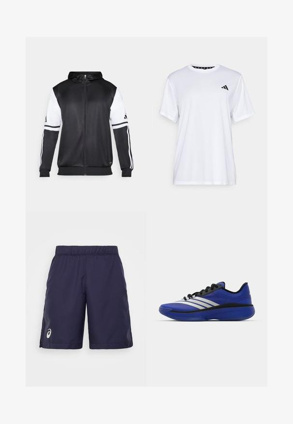 Hanorac negru cu fermoar, având mâneci albe și trei dungi albe pe brațe. Fabricat dintr-un material neted și ușor. Designul hanoracului este inclus.; Tricou sportiv alb cu mâneci scurte, fabricat dintr-un material care elimina umezeala. Are un logo negru pe pieptul stâng și o guler interiory cu un design patterned.; ASICS MEN COURT SHORT - Pantaloni scurți sport - midnight; adidas Performance ADIZERO SELECT 3.0 - Ghete baschet - lucid blue/core black/metallic