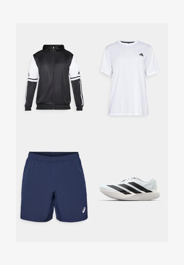 Must eltavõttega must kapuutsiga sviiter, millel on valged varrukad ja kolm valget triipu mööda käsi. Valmistatud siledast ja kergest kangast. Kapuutsi disain on kaasatud.; Valge sportlik T-särk lühikeste varrukatega, valmistatud niiskust eemaldavast kangast. Ees on must logo vasakul rinnal ja soe mustriline kaelaosa.; Tumedate sinised spordilühikesed püksid elastse vöökoha, sileda sünteetilise kangaga ja valge logo aktsendiga vasakul allservas.; Kerged jooksujalatsid helesinises värvuses mustade triipudega. Omavad siledat pealispinda, ümarat varvase osa ja paksu valget vahemõõtu, millel on silt "LIGHTSTRIKE PRO".