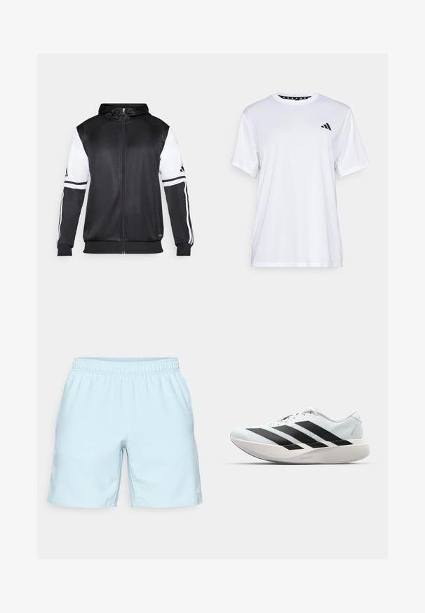 Črna zip-up kapuca z belimi rokavi in tremi belimi črtami ob rokavih. Narejena iz gladkega, lahkega materiala. Oblikovanje kapuce vključeno.; Bela športna majica s kratkimi rokavi, izdelana iz tkanine, ki odvaja vlago. Ima črn logotip na levem prsnem delu in vzorčasto notranjo vratno odprtino.; Svetlo modri atletski kratki hlače z elastičnim pasom, ravnimi šivi in majhnim logotipom na spodnji desni strani. Gladka, lahka tkanina.; Lahki tekaški čevlji v svetlo modri barvi z belimi črtami. Imajo gladek zgornji del, okroglo kapico in debel bel srednji podplat z označbo "LIGHTSTRIKE PRO."