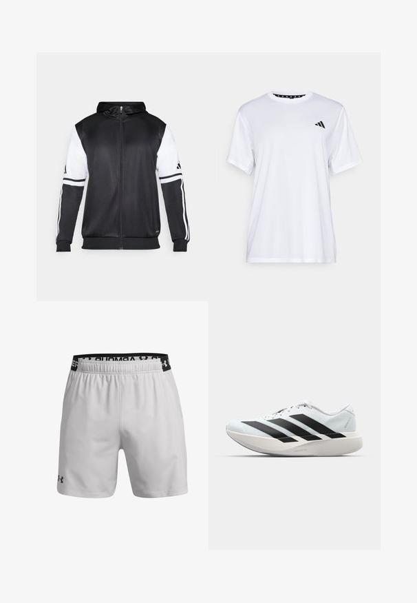 Fekete zipzáras kapucnis pulóver, fehér ujjakkal és három fehér csíkkal a karokon. Simább, könnyű anyagból készült. A kapucnis pulóver dizájnja is benne van.; Fehér sportpóló rövid ujjal, nedvességelvezető anyagból készült. A bal mellrészen fekete logó található, és a nyak belső része mintás.; Világosszürke sportnadrág légáteresztő anyagból. Rugalmas derékkal rendelkezik, fekete logóval és oldalsó zsebekkel.; Világoskék, fekete csíkos könnyű futószerek. Simább felső résszel, kerek orral és vastag fehér középtalppal, amelyen a "LIGHTSTRIKE PRO" felirat olvasható.