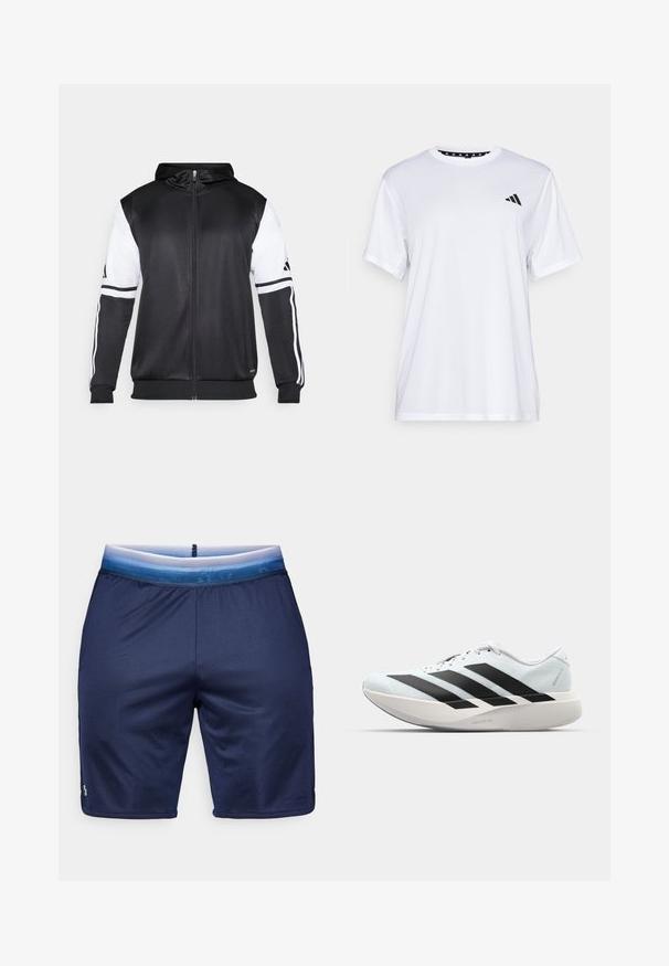 Juodas džinsinis užtrauktukas su baltais rankovėmis ir trimis baltais dryžiais ant rankų. Pagamintas iš lygaus, lengvo audinio. Džinsinio dizainas įtrauktas.; Balta sportinė marškinėliai trumpomis rankovėmis, pagaminti iš drėgmę šalinančios medžiagos. Kairėje krūtinės pusėje yra juodas logotipas, o apykaklės viduje yra raštuotas dizainas.; Lacoste Sport SHORTS - Sportiniai šortai - navy blue/white; Lengvi bėgimo batai šviesiai mėlynos spalvos su juodomis juostelėmis. Yra lygus viršus, apvalus pirštas ir storas baltas vidpadis su užrašu "LIGHTSTRIKE PRO."