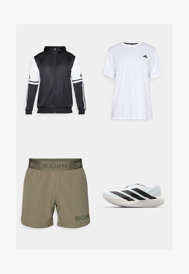 Črna zip-up kapuca z belimi rokavi in tremi belimi črtami ob rokavih. Narejena iz gladkega, lahkega materiala. Oblikovanje kapuce vključeno.; Bela športna majica s kratkimi rokavi, izdelana iz tkanine, ki odvaja vlago. Ima črn logotip na levem prsnem delu in vzorčasto notranjo vratno odprtino.; Moške kratke hlače v olivno zeleni tkanini z elastičnim pasom, ki vsebuje logo "BJÖRN BOR". Gladka tekstura, kroj do sredine stegna, podrobnosti z robom zašite.; Lahki tekaški čevlji v svetlo modri barvi z belimi črtami. Imajo gladek zgornji del, okroglo kapico in debel bel srednji podplat z označbo "LIGHTSTRIKE PRO."