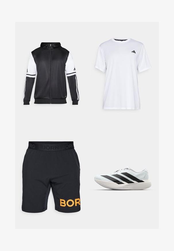 Svart hettegenser med glidelås som har hvite ermer og tre hvite striper langs armene. Laget av et glatt, lett stoff. Designet inkluderer hettegenseren.; Hvit trenings T-skjorte med korte ermer, laget av fukttransporterende stoff. Har en svart logo på venstre bryst og et mønstrete innvendig halsåpning.; Björn Borg SHORTS - Sports shorts - black beauty; Lette løpesko i lys blå med svarte striper. Har en myk overdel, rund tå og tykk hvit mellomsole merket "LIGHTSTRIKE PRO."