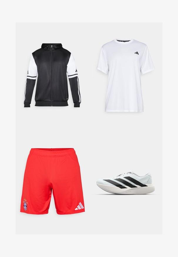 Crna dukserica s patentnim zatvaračem koja ima bijele rukave i tri bijele pruge duž ruku. Napravljena od glatkog, laganog materijala. Uključeni dizajn kapuljače.; Bijela atletska majica kratkih rukava, napravljena od tkanine koja upija vlagu. Ima crni logo na lijevoj strani prsiju i uzorčeni unutarnji obrub dekoltea.; Crvene atletske kratke hlače od glatkog materijala, s izvezenim logom i pet zvjezdica iznad, sa bijelim Adidas trakama sa strane.; Lagane tenisice za trčanje u svijetloplavoj boji s crnim trakama. Imaju glatku gornju površinu, okrugli vrh i debeli bijeli srednji sloj označen "LIGHTSTRIKE PRO."