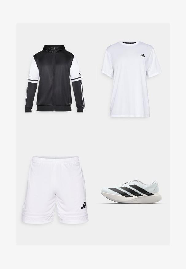 Crna dukserica s patentnim zatvaračem koja ima bijele rukave i tri bijele pruge duž ruku. Napravljena od glatkog, laganog materijala. Uključeni dizajn kapuljače.; Bijela atletska majica kratkih rukava, napravljena od tkanine koja upija vlagu. Ima crni logo na lijevoj strani prsiju i uzorčeni unutarnji obrub dekoltea.; Bijele sportske kratke hlače s elastičnom gumom, s crnim logotipom s tri pruge i teksturiranom tkaninom, krojene iznad koljena.; Lagane tenisice za trčanje u svijetloplavoj boji s crnim trakama. Imaju glatku gornju površinu, okrugli vrh i debeli bijeli srednji sloj označen "LIGHTSTRIKE PRO."