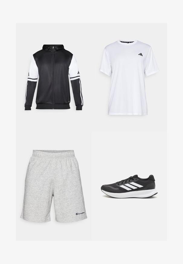 Čierna mikina s kapucňou na zips s bielymi rukávmi a tromi bielymi pruhmi pozdĺž rúk. Vyrobená z hladkej, ľahkej tkaniny. Design mikiny je zahrnutý.; Biely športový tričko s krátkymi rukávmi, vyrobené z materiálu, ktorý odvádza vlhkosť. Má čierne logo na ľavej hrudi a vzorovaný vnútorný golier.; Šedé šortky z materiálu pripomínajúceho dres s elastickým pásom a námornícko-modrým logom "Champion" na dolnej ľavej strane.; Čierna športová obuv s priedušným sieťovaným zvrškom, bielymi akcentmi a polstrovanou podrážkou. Na bočnej strane sa nachádza logo so tromi pruhmi.