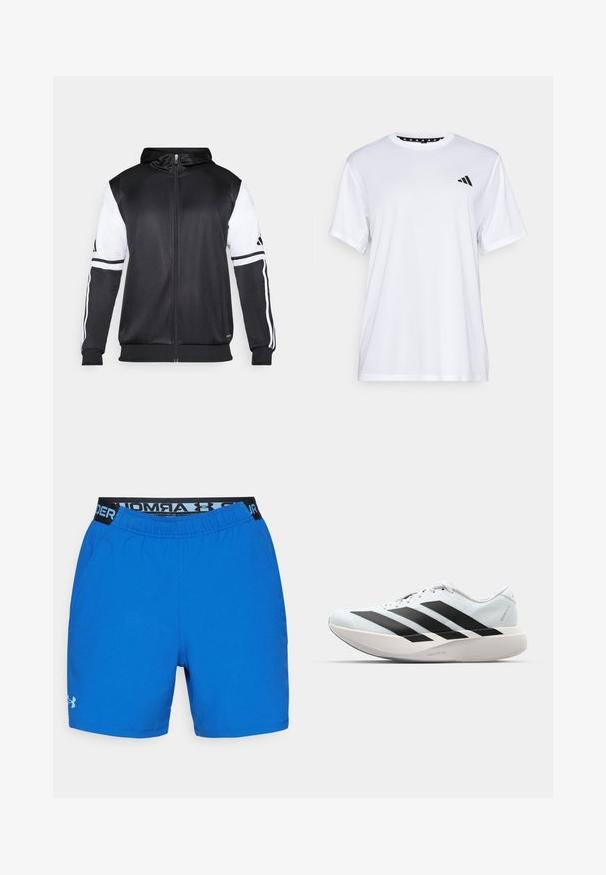 Čierna mikina s kapucňou na zips s bielymi rukávmi a tromi bielymi pruhmi pozdĺž rúk. Vyrobená z hladkej, ľahkej tkaniny. Design mikiny je zahrnutý.; Biely športový tričko s krátkymi rukávmi, vyrobené z materiálu, ktorý odvádza vlhkosť. Má čierne logo na ľavej hrudi a vzorovaný vnútorný golier.; Modré športové šortky vyrobené z mäkkého materiálu. Obsahujú elastický pás s čiernym logom Under Armour a bočné vrecká. Hladká textúra.; Ľahké bežecké topánky v svetlomodrej farbe s čiernymi pruhmi. Majú hladký zvršok, okrúle špičky a hrubú bielu medzipodrážku označenú "LIGHTSTRIKE PRO."