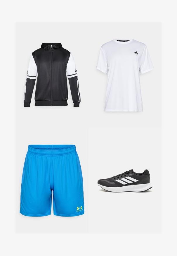 Sweatshirt preto com fecho, apresentando mangas brancas e três riscas brancas ao longo dos braços. Feito de um tecido suave e leve. Design do capuz incluído.; Camiseta atlética branca de mangas curtas, feita de tecido que absorve a humidade. Apresenta um logótipo preto no lado esquerdo do peito e um decote interior com padrão.; Calções atléticos azuis feitos de material leve, com um cós elástico e painéis laterais em malha. Logótipo da Under Armour em amarelo em destaque.; Shoe de atletismo preto com parte superior em malha respirável, detalhes brancos e sola almofadada. Apresenta o logotipo das três riscas na lateral.
