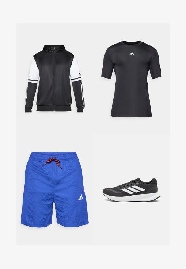 Must eltavõttega must kapuutsiga sviiter, millel on valged varrukad ja kolm valget triipu mööda käsi. Valmistatud siledast ja kergest kangast. Kapuutsi disain on kaasatud.; Must musta lühikeste varrukatega T-särk, mis on valmistatud siledast, venivast kangast. Rindkeres on valge logo ja mugavuse tagavad lameõmblused.; Sinine spordilik lühikeste pükste tekstuuriga muster, elastne vöökoht, punane ja must pael ning valge logo aktsent vasakul jalal.; Mustmust valmistatud õhulise võrgu ülemise osa, valgete aktsentidega ja pehme tallaga must sportlik king. Küljel on kolm triipu kujutav logo.