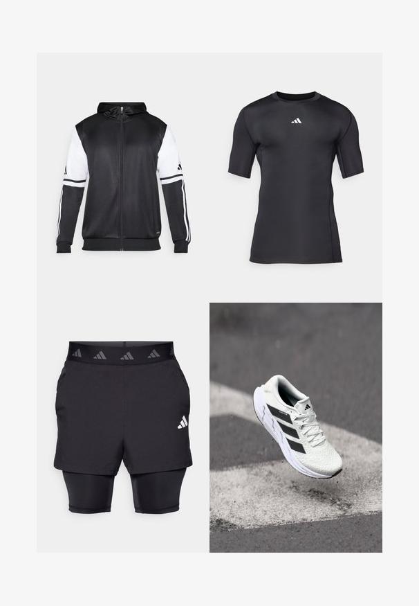 Fekete zipzáras kapucnis pulóver, fehér ujjakkal és három fehér csíkkal a karokon. Simább, könnyű anyagból készült. A kapucnis pulóver dizájnja is benne van.; Fekete sportos, rövid ujjú póló sima, rugalmas anyagból készült. Fehér logó található a mellrészen, valamint lapos varrások a kényelem érdekében.; Fekete sportnadrág belső réteggel. A külső nadrág textúrázott anyagból készült, mintás rugalmas derékrésszel és logóval kiemelve.; Fehér sportcipő texturált hálós felsőrésszel, fekete csíkokkal, fűzős záródással és párnázott talppal, egy megjelölt útfelület felett lebeg.