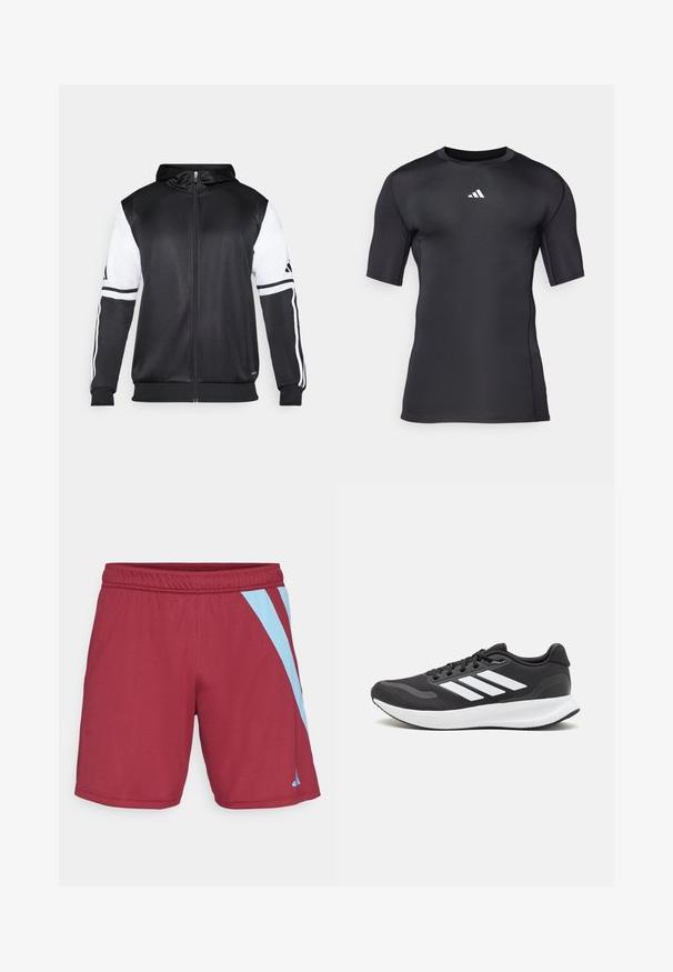 Svart hettegenser med glidelås som har hvite ermer og tre hvite striper langs armene. Laget av et glatt, lett stoff. Designet inkluderer hettegenseren.; Sorte atletiske kortermede skjorte laget av glatt, elastisk stoff. Har et hvitt logo på brystet og flatlock-sømmer for komfort.; Burgunderfargede treningsshorts med lyseblå sidestropper, elastisk midje og glatt tekstur, designet for komfort og bevegelighet.; Svarte sportsko med pustende mesh-overdel, hvite detaljer og en polstret såle. Har tre striper-logo på siden.