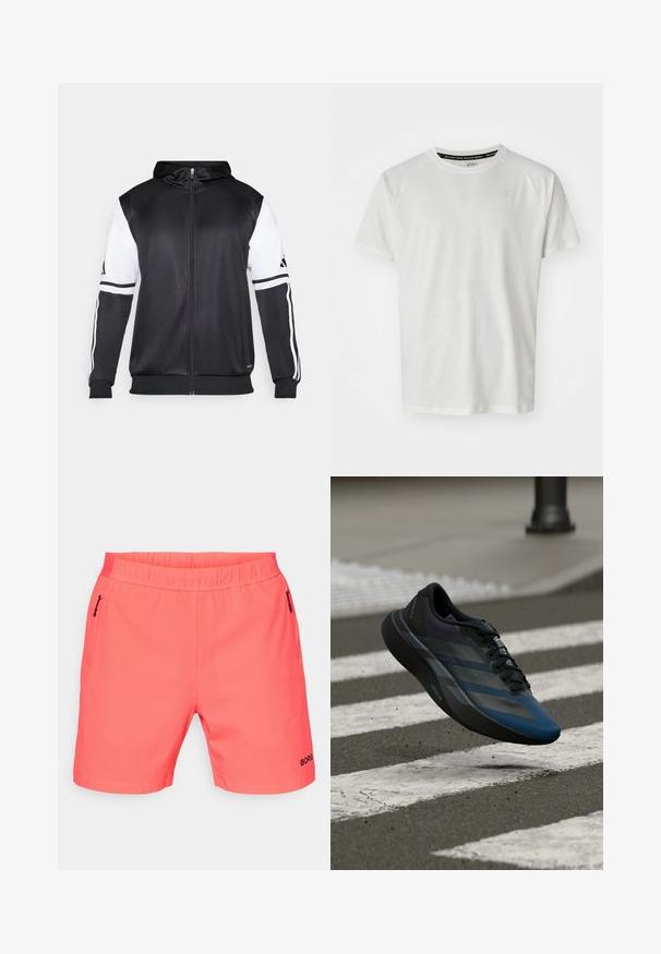 Melnā džemperis ar rāvējslēdzēju, ar baltām piedurknēm un trim baltām svītrām gar rokām. Izgatavots no gludas, vieglas auduma. Džempera dizains iekļauts.; ASICS GAME - Pamata T-krekls - cream; Koralīgas sporta šorti ar elastīgu jostasvieta, divi sānu kabatas ar rāvējslēdzēju, teksturēta auduma un melns "BORG" logo apakšējā daļā.; Melns un zils sporta apavu ar aerodinamisku dizainu, tam ir teksturēta virsma, kontrastējošas svītras un amortizējoša zolīte, kas peld virs ietves.
