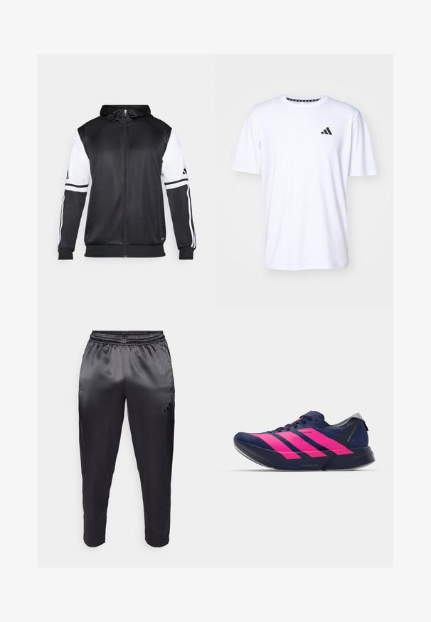 Black zip-up hoodie featuring white sleeves and three white stripes along the arms. Made from a smooth, lightweight fabric. Hoodie design included.; White short-sleeve t-shirt made of fabric with a smooth texture. Features a black adidas logo on the left chest and a patterned collar.; Black athletic pants made of smooth, lightweight fabric with an elastic waistband. Features a small logo on the left side and tapered legs.; adidas Performance ADIZERO ADIOS PRO 4 - Road running shoes - dark blue/shock pink/dash grey