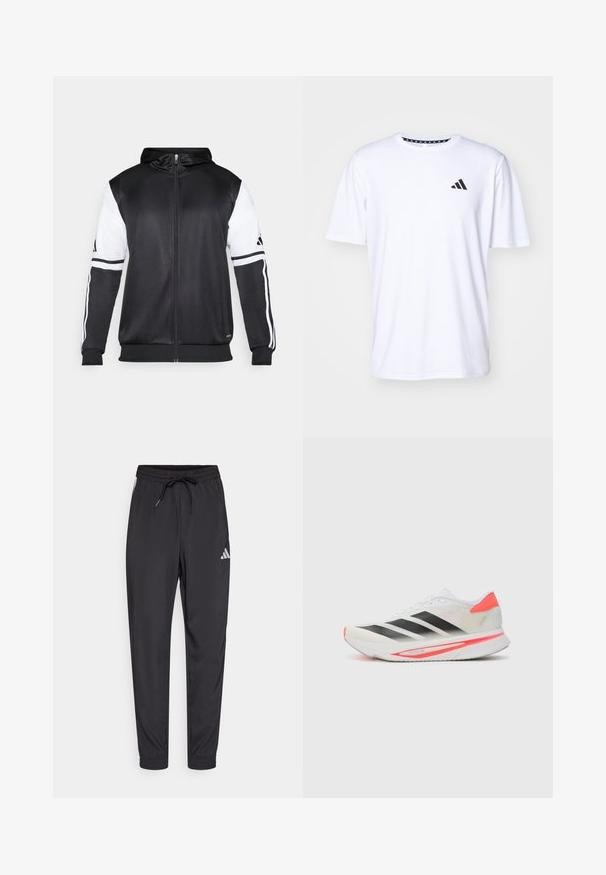 Felpa nera con zip, caratterizzata da maniche bianche e tre strisce bianche lungo le braccia. Realizzata in un tessuto liscio e leggero. Design della felpa incluso.; Maglietta bianca a maniche corte realizzata in tessuto con una trama liscia. Presenta un logo adidas nero sul lato sinistro del petto e un colletto con motivo.; Pantaloni sportivi neri realizzati in materiale leggero, con vita elastica, coulisse e un piccolo logo bianco di lato.; Scarpa da corsa bianca con strisce nere, design curvo, tomaia in mesh lightweight, linguetta del tallone prominente di un brillante rosso, e una suola spessa con dettagli rosa.