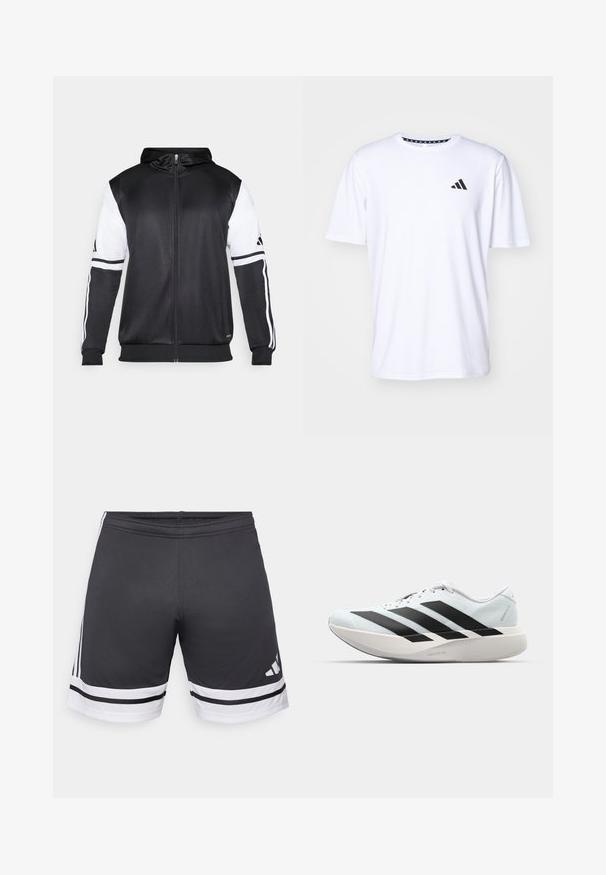 Must eltavõttega must kapuutsiga sviiter, millel on valged varrukad ja kolm valget triipu mööda käsi. Valmistatud siledast ja kergest kangast. Kapuutsi disain on kaasatud.; Valge lühikeste varrukatega T-särk, mis on valmistatud sileda tekstuuriga kangast. Vasakul rinnal on must adidas logo ja mustriline krae.; Mustad mustad spordilühikesed püksid, mis on valmistatud siledast kangast. Hemmi ja külgede ääres on valged triibud. Mugavust tagav elastne vöökoht. Logo alumises osas.; Kerged jooksujalatsid helesinises värvuses mustade triipudega. Omavad siledat pealispinda, ümarat varvase osa ja paksu valget vahemõõtu, millel on silt "LIGHTSTRIKE PRO".