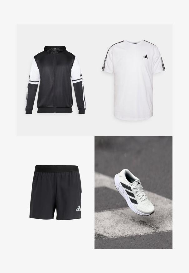 Black zip-up hoodie featuring white sleeves and three white stripes along the arms. Made from a smooth, lightweight fabric. Hoodie design included.; White t-shirt made of cotton with crew neckline, short sleeves, and black three-stripe accents on shoulders; features a small black logo.; Black athletic shorts with an elastic waistband, featuring a smooth texture and a reflective white logo on the lower left side.; White athletic shoe with textured mesh upper, black stripes, lace closure, and a cushioned sole, levitating above a marked road surface.