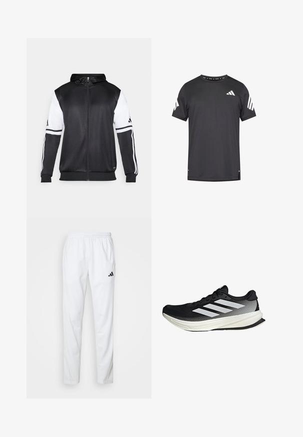 Mustapohjainen vetsaritakki, jossa on valkoiset hihnat ja kolme valkoista raitaa hihassa. Valmistettu sileästä, kevyestä kankaasta. Mukana hupparisuunnittelu.; Musta lyhythihainen urheilupaita, jossa valkoiset kolmiraitakoristeet olkapäillä ja pyöreä kaula-aukko. Kevyt kangas, rento istuvuus.; Valkoiset urheiluhousut, joissa on joustava vyötärö, kapeat lahkeet ja musta Adidas-logo vasemmassa reidessä. Sujuva, kevyt kangas.; Musta urheilukengä, jossa on verkkomaisia yksityiskohtia, valkoiset raidat, pyöristetty kärki ja pintakuvioitu pohja pidon ja tuen tarjoamiseksi.