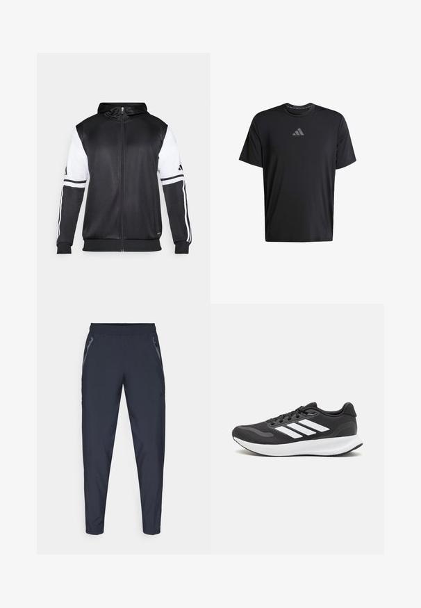 Černá mikina na zip s bílými rukávy a třemi bílými pruhy podél ramen. Vyrobena z hladkého, lehkého materiálu. Design mikiny je zahrnut.; Černé krátké sportovní tričko s krátkým rukávem vyrobené z lehkého materiálu, s kulatým výstřihem a šedým logem Adidas na hrudi.; Námořnické sportovní kalhoty vyrobené z lehké tkaniny, s dvěma bočními zipovými kapsami, elastickým pasem a zúženými nohavicemi pro štíhlý střih.; Černá sportovní obuv s prodyšným síťovaným svrškem, bílými akcenty a polstrovanou podrážkou. Na boku se nachází logo se třemi pruhy.