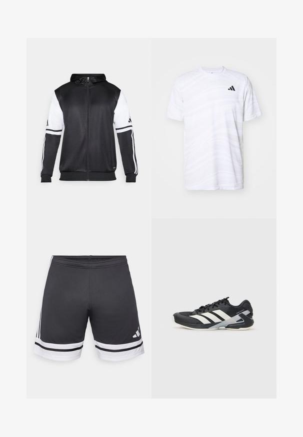 Schwarze Zip-Hoodie mit weißen Ärmeln und drei weißen Streifen entlang der Arme. Hergestellt aus einem glatten, leichten Stoff. Hoodie-Design enthalten.; Weißes sportliches T-Shirt mit subtilen Wellenmustern, Rundhalsausschnitt, kurzen Ärmeln und einem schwarzen Dreistreifen-Logo auf der linken Brust.; Schwarze Sportshorts aus glattem Stoff. Mit weißen Streifen am Saum und an den Seiten. Elastischer Bund für Komfort. Logo an der unteren Seite.; Schwarzer Sportschuh mit weißen Streifen, Obermaterial aus Mesh, runde Zehenform und gepolstertem Sohlenteil. Verfügt über eine strukturierte Ferse und ein sicheres Schnürsystem.