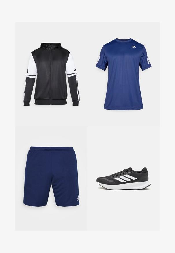 Mustapohjainen vetsaritakki, jossa on valkoiset hihnat ja kolme valkoista raitaa hihassa. Valmistettu sileästä, kevyestä kankaasta. Mukana hupparisuunnittelu.; T-paita tummansinisestä lyhythihaisesta urheiluvaatetuksesta, joka on valmistettu sileästä kankaasta. Paitassa on pyöreä pääntie ja valkoinen logo vasemmassa rintakehässä.; Navy urheilusortsit, jotka on valmistettu hengittävästä kankaasta. Mukana joustava vyötärö ja valkoinen Adidas-logo oikeassa alakulmassa.; Mustat urheilukengät hengittävällä verkkosella yläosalla, valkoisilla yksityiskohdilla ja pehmustetulla pohjalla. Sivussa on kolme raitaa -logo.