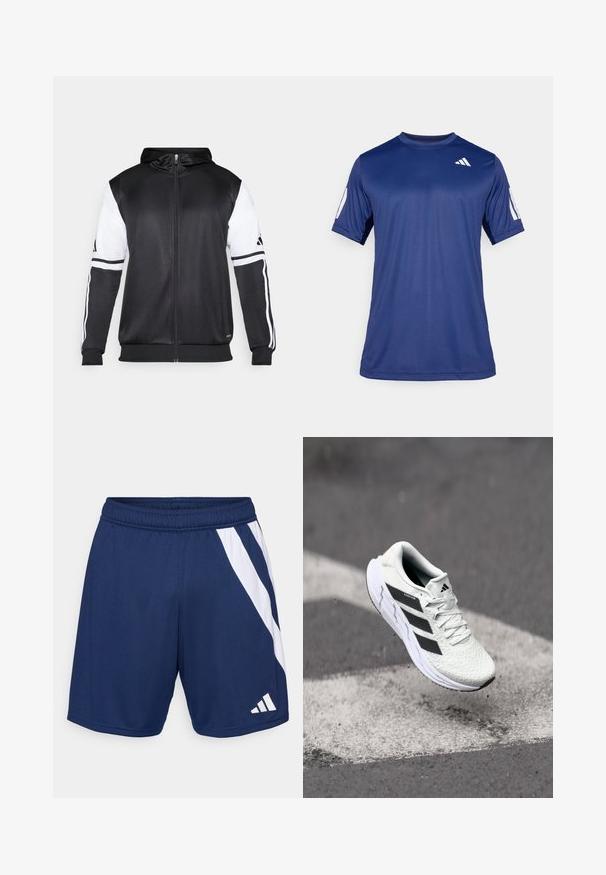 Sweatshirt preto com fecho, apresentando mangas brancas e três riscas brancas ao longo dos braços. Feito de um tecido suave e leve. Design do capuz incluído.; Camisola atlética de manga curta azul marinho, feita de tecido suave, com decote redondo e um detalhe do logótipo branco na parte superior esquerda do peito.; Bermudas atléticas azul-marinho com um design de risca diagonal branca. Feitas de tecido leve, apresentam uma cintura elástica e detalhe do logótipo.; Shoe atlético branco com parte superior em malha texturizada, riscas pretas, fecho de atacadores e sola almofadada, a flutuar acima de uma superfície de estrada marcada.