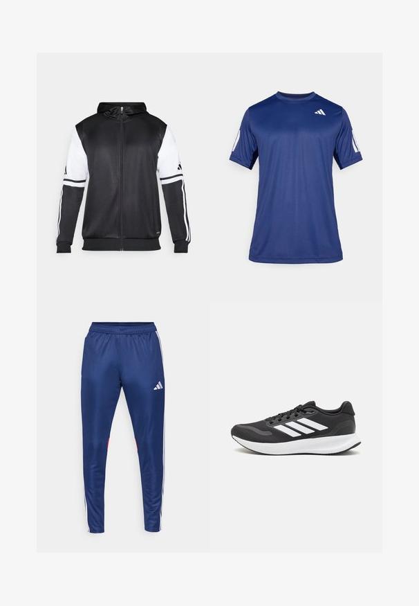 Sort zip-up hættetrøje med hvide ærmer og tre hvide striber langs armene. Lavet af et glat, letvægtsstof. Designet til hættetrøjen er inkluderet.; Marineblå kortærmet træningsskjorte lavet af glat stof, med rund hals og en hvid logo detalje på øverste venstre bryst.; Marine atletikbukser lavet af glat materiale med hvide sidelister, elastisk talje og en rød accent på den nederste kant.; Sort atletik sko med åndbart mesh-overdel, hvide accenter og en polstret sål. Har tre-stripes logo på siden.