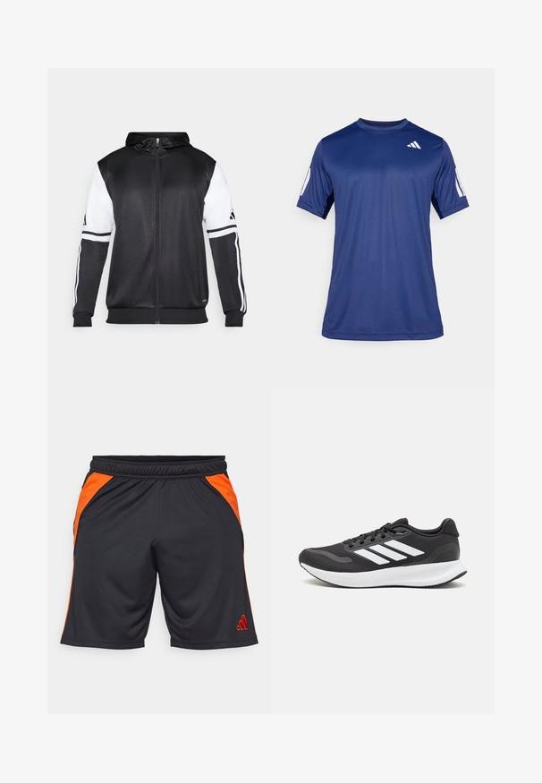 Sweatshirt preto com fecho, apresentando mangas brancas e três riscas brancas ao longo dos braços. Feito de um tecido suave e leve. Design do capuz incluído.; Camisola atlética de manga curta azul marinho, feita de tecido suave, com decote redondo e um detalhe do logótipo branco na parte superior esquerda do peito.; Calças curtas de atletismo pretas feitas de um tecido respirável, com painéis laterais laranja e um logótipo bordado vermelho na parte inferior da perna esquerda.; Shoe de atletismo preto com parte superior em malha respirável, detalhes brancos e sola almofadada. Apresenta o logotipo das três riscas na lateral.