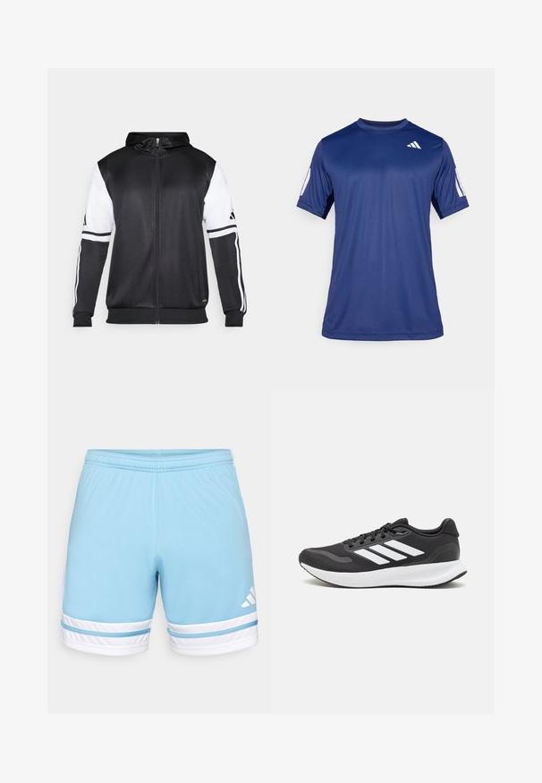 Fekete zipzáras kapucnis pulóver, fehér ujjakkal és három fehér csíkkal a karokon. Simább, könnyű anyagból készült. A kapucnis pulóver dizájnja is benne van.; Tengerészkék, rövid ujjú, sportos póló sima anyagból, kerek nyakkivágással, a bal felső mellrészen fehér logó részlettel.; Világoskék sportnadrág gumis derékkal, fehér csíkokkal és részletekkel. Fehér Adidas logó a bal oldalon.; Fekete sportcipő légáteresztő hálós felsőrésszel, fehér kiegészítőkkel és párnázott talppal. Az oldalon három csíkkal ellátott logó található.