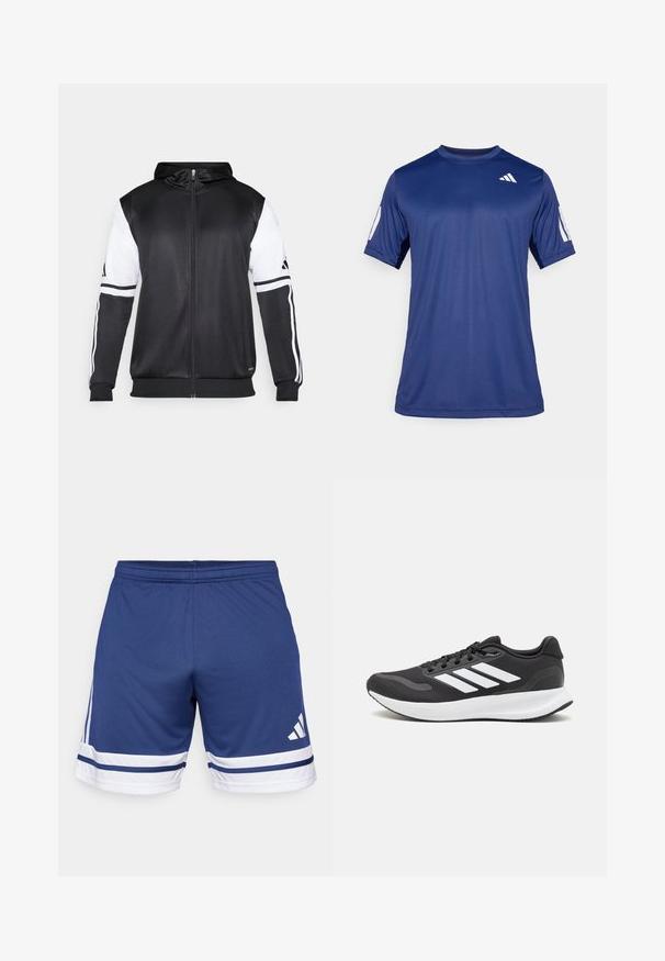 Juodas džinsinis užtrauktukas su baltais rankovėmis ir trimis baltais dryžiais ant rankų. Pagamintas iš lygaus, lengvo audinio. Džinsinio dizainas įtrauktas.; Tamsiai mėlyna trumpa rankovė sportinė marškinė, pagaminti iš lygios medžiagos, su apvalia iškirpte ir balto logo detale viršutiniame kairiajame krūtinės kampe.; Tamsiai mėlynos sportinės šortai, pagaminti iš lengvos medžiagos, su baltais ir mėlynais dryžiais apatinėje dalyje ir elastinga juosmens juosta.; Juodas sportinis batelis su orui pralaidžia mėgintuvėliu, baltomis akcentais ir paminkštintu padu. Šone yra trijų juostų logotipas.