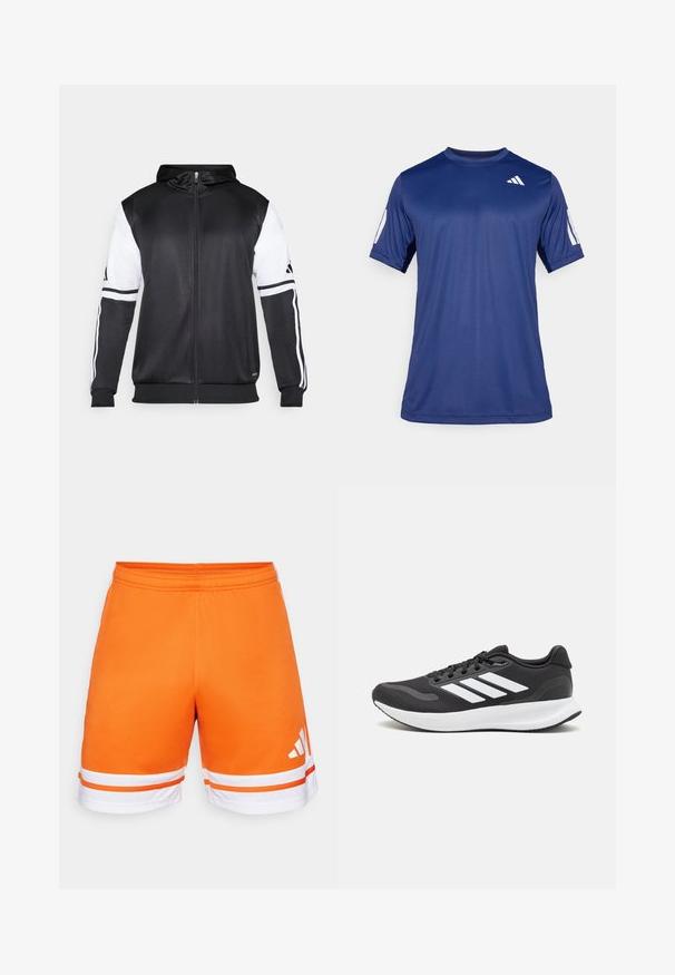 Melnā džemperis ar rāvējslēdzēju, ar baltām piedurknēm un trim baltām svītrām gar rokām. Izgatavots no gludas, vieglas auduma. Džempera dizains iekļauts.; Navy zila īsām piedurknēm sporta krekls, kas izgatavots no gludas auduma, ar apaļu kakla izgriezumu un baltu logotipa detaļu kreisajā augšējā krūtīs.; Oranžas sporta bikses ar gludu tekstūru, elastīgu jostu un baltām svītrām apmalē. Trīs svītru logo baltā krāsā sānos.; Melnas sporta kurpes ar elpojošu acs augšu, baltām akcentiem un mīkstu zoli. Sānā ir trīs svītru logo.