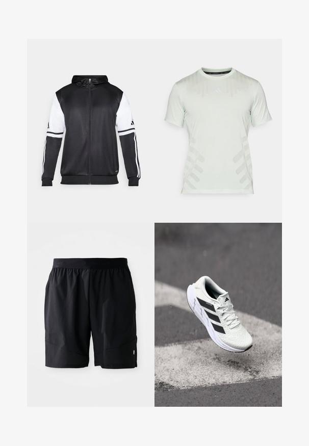 Svart zip-up hoodie med vita ärmar och tre vita ränder längs armarna. Tillverkad av ett mjukt och lätt tyg. Design av hoodie ingår.; adidas Performance HIIT WORKOUT AIRCHILL - T-shirt till träning - linen green; Svarta sportshorts med elastisk midja som har subtil "BJÖRN BORG"-logotyp och en liten vit logotyp nära fållen.; Vitt sportskor med strukturerad mesh-överkant, svarta ränder, snörning och en dämpad sula, svävande över en markerad väg.