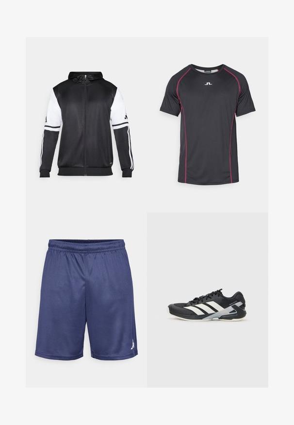 Sweatshirt preto com fecho, apresentando mangas brancas e três riscas brancas ao longo dos braços. Feito de um tecido suave e leve. Design do capuz incluído.; T-shirt atlético de manga curta feito de tecido sintético preto com costuras em contraste cor-de-rosa e um pequeno logotipo branco no centro da frente.; Calções atléticos azul-marinho feitos de tecido que elimina a umidade, apresentando uma cintura elástica e um pequeno logótipo na parte inferior.; Sapata atlética preta com riscas brancas, parte superior em malha, biqueira arredondada e sola acolchoada. Apresenta um calcanhar texturizado e um sistema de atacadores seguro.