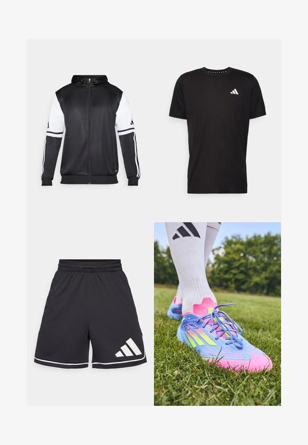 Felpa nera con zip, caratterizzata da maniche bianche e tre strisce bianche lungo le braccia. Realizzata in un tessuto liscio e leggero. Design della felpa incluso.; T-shirt in cotone nero con maniche corte, scollo rotondo e logo bianco sul lato sinistro del petto. Texture liscia e design semplice.; Shorts sportivi neri con cintura elastica, dettagli bianchi e logo a tre righe angolato sul lato sinistro inferiore. Tessuto testurizzato.; Scarpini da calcio Adidas in blu, rosa e giallo neon; tomaia sintetica testurizzata, design curvo, lacci piani e tacchetti conici per la trazione.