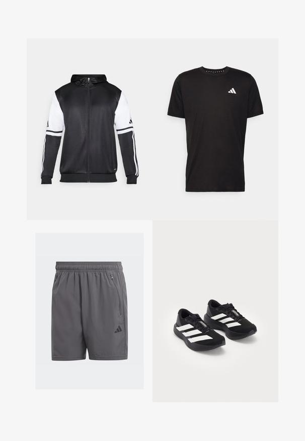 Svart hettegenser med glidelås som har hvite ermer og tre hvite striper langs armene. Laget av et glatt, lett stoff. Designet inkluderer hettegenseren.; Svart bomulls t-skjorte med korte ermer, rund hals og en hvit logo på venstre bryst. Glatt tekstur og enkelt design.; Grå treningsshorts med elastisk midjebånd, sidelommer med glidelås, og en svart logoakkent. Lett, glatt tekstur og knelange.; Par med svarte Adidas Adizero løpesko med hvite striper og lisser på hvit bakgrunn, plassert ved siden av hverandre.