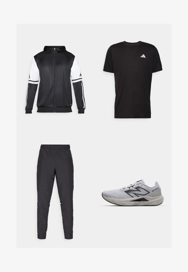 Svart hettegenser med glidelås som har hvite ermer og tre hvite striper langs armene. Laget av et glatt, lett stoff. Designet inkluderer hettegenseren.; Svart bomulls t-skjorte med korte ermer, rund hals og en hvit logo på venstre bryst. Glatt tekstur og enkelt design.; Svarte treningsbukser med elastisk midje, avsmalnende ben og hvite sideakenter. Laget av syntetisk materiale med en glatt tekstur.; Lys grå løpesko med teksturert overdel, svarte detaljer, flate lisser, og en polstret såle med "FUELCELL"-logoen. Sidevinkel.