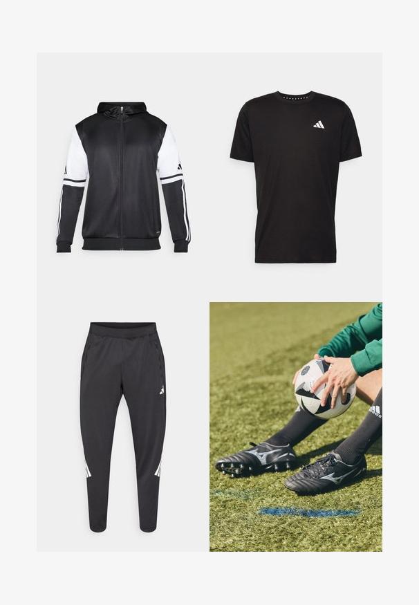 Čierna mikina s kapucňou na zips s bielymi rukávmi a tromi bielymi pruhmi pozdĺž rúk. Vyrobená z hladkej, ľahkej tkaniny. Design mikiny je zahrnutý.; Čierne bavlnené tričko s krátkymi rukávmi, klasickým výstrihom a bielym logom na ľavej strane hrude. Hladká textúra a jednoduchý dizajn.; Čierne športové nohavice so zúženými nohavicami, elastickým pásom, bočnými vreckami a bielym logom a pruhmi. Vyrobené z hladkého, ľahkého materiálu.; Čierne futbalové kopačky so sivými akcentmi a textúrovanými povrchmi, položené na zelenej umelej tráve. Čierno-biely futbalový loptu drží v rukách.