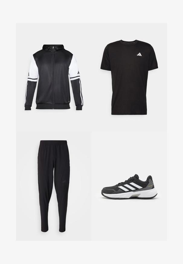 Black zip-up hoodie featuring white sleeves and three white stripes along the arms. Made from a smooth, lightweight fabric. Hoodie design included.; Black cotton t-shirt with short sleeves, crew neckline, and a white logo on the left chest. Smooth texture and simple design.; Black athletic pants with an elastic waistband, tapered design, side pockets, and subtle logo detail. Made from flexible, breathable fabric.; Black athletic shoe with white stripes, textured mesh and synthetic material, featuring a rubber sole and a gray accent on the heel.