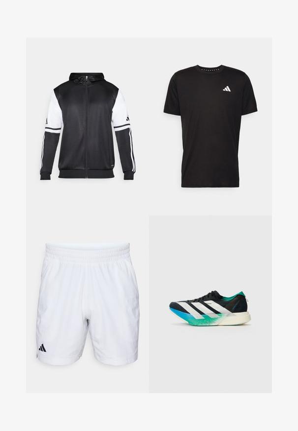 Must eltavõttega must kapuutsiga sviiter, millel on valged varrukad ja kolm valget triipu mööda käsi. Valmistatud siledast ja kergest kangast. Kapuutsi disain on kaasatud.; Must must ka t-särk lühikeste varrukatega, ümmarguse kaelusega ja valge logoga vasakul rinnal. Sile tekstuur ja lihtne disain.; Valged sportlikud lühikesed püksid elastse vöökohtaga, tekstureeritud kangaga ja musta Adidas'i logoga vasakus alajalas.; Must mustram orto mustraladatud must mustraiga sinise-läbist mureniiga. Kerge disain tekstuuriga ülaosa.