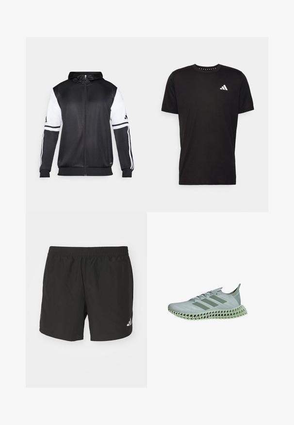 Black zip-up hoodie featuring white sleeves and three white stripes along the arms. Made from a smooth, lightweight fabric. Hoodie design included.; Black cotton t-shirt with short sleeves, crew neckline, and a white logo on the left chest. Smooth texture and simple design.; Black athletic shorts with an elastic waistband, side slits, and reflective logo accents. Made of lightweight, smooth fabric.; Light gray running shoe featuring a textured upper, three embossed stripes, and a distinctive 3D-printed lattice midsole.