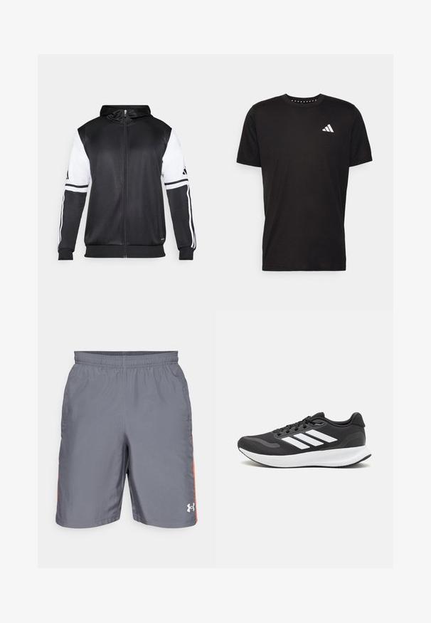 Hanorac negru cu fermoar, având mâneci albe și trei dungi albe pe brațe. Fabricat dintr-un material neted și ușor. Designul hanoracului este inclus.; Tricou negru din bumbac, cu mâneci scurte, de tip crew neckline, cu un logo alb pe pieptul stâng. Textură netedă și design simplu.; Pantaloni scurți atletici gri, cu talie elastică, având accente portocalii pe laterale și un logo Under Armour în partea dreaptă jos.; Pantof cu aspect sport de culoare neagră, cu un upper din plasă respirabilă, accente albe și o talpă amortizată. Include logo-ul cu trei dungi pe lateral.
