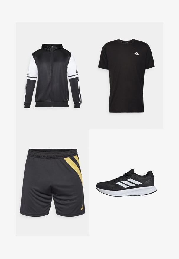 Black zip-up hoodie featuring white sleeves and three white stripes along the arms. Made from a smooth, lightweight fabric. Hoodie design included.; Black cotton t-shirt with short sleeves, crew neckline, and a white logo on the left chest. Smooth texture and simple design.; Black athletic shorts with a yellow diagonal stripe design, elastic waistband, and smooth texture, suitable for sports and exercise.; Black athletic shoe with white stripes, mesh upper, cushioned sole, and textured accents. Features a lace-up design and brand logo on the tongue.