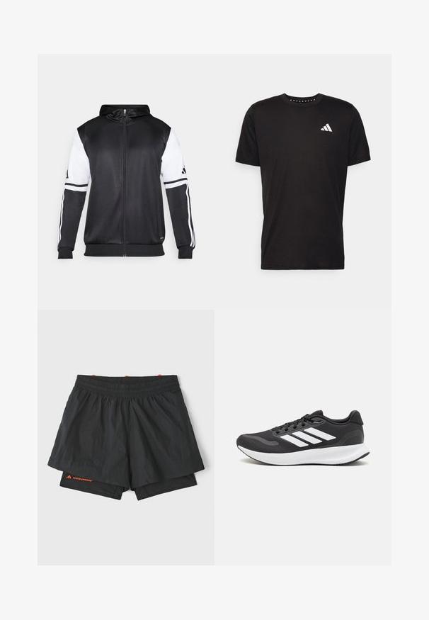 Sweatshirt preto com fecho, apresentando mangas brancas e três riscas brancas ao longo dos braços. Feito de um tecido suave e leve. Design do capuz incluído.; T-shirt de algodão preto com mangas curtas, decote redondo e um logo branco no lado esquerdo do peito. Textura suave e design simples.; Calções de desporto pretos com um cós elástico, forro interior e painéis laterais perfurados. Apresenta uma marcação laranja na parte inferior da perna.; Shoe de atletismo preto com parte superior em malha respirável, detalhes brancos e sola almofadada. Apresenta o logotipo das três riscas na lateral.