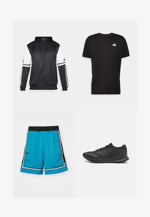 Must eltavõttega must kapuutsiga sviiter, millel on valged varrukad ja kolm valget triipu mööda käsi. Valmistatud siledast ja kergest kangast. Kapuutsi disain on kaasatud.; Must must ka t-särk lühikeste varrukatega, ümmarguse kaelusega ja valge logoga vasakul rinnal. Sile tekstuur ja lihtne disain.; Sinine võrgust sportlikud lühikesed püksid mustade ja valgete aktsentidega. Omab elastset vööd, millel on nöör; külgpaneelid on mustad.; Mustad mustat spordijalatsid, millel on võrgusilmast ülemine osa, siledad tekstiilist aktsendid, ümar varvas, lamedad paelad ja tekstuuriga kummist välispind haardeks.
