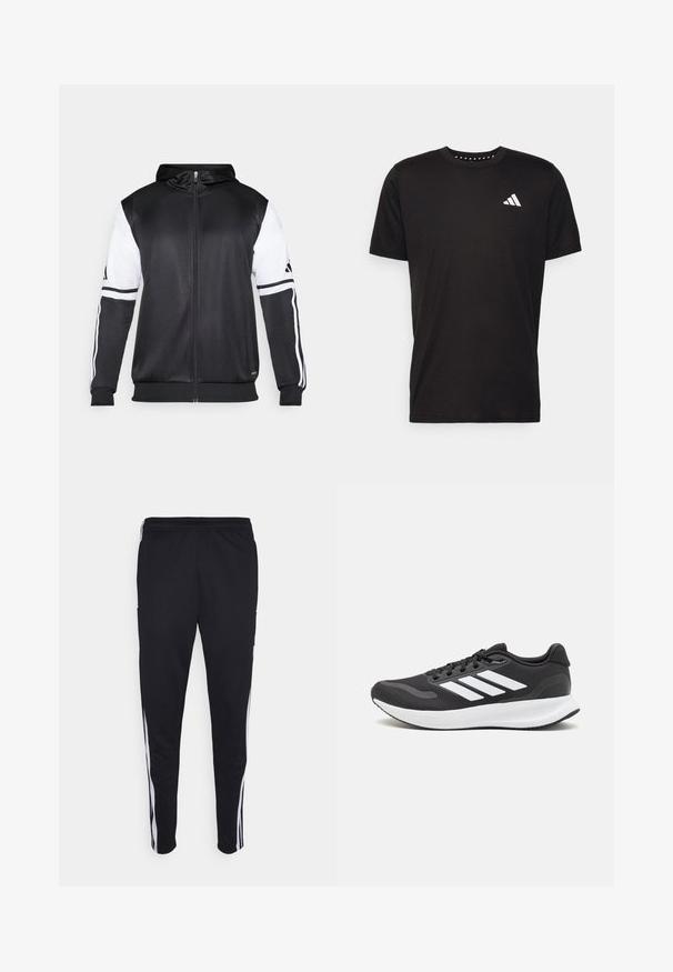 Sort zip-up hættetrøje med hvide ærmer og tre hvide striber langs armene. Lavet af et glat, letvægtsstof. Designet til hættetrøjen er inkluderet.; Sort bomulds T-shirt med korte ærmer, rund hals og et hvidt logo på venstre bryst. Glat tekstur og enkelt design.; Sorte athletic bukser med en afslappet pasform, der har hvide sidestænger, en snoretræk i taljen og to sidelommer. Lavet af blødt stof.; Sort atletik sko med åndbart mesh-overdel, hvide accenter og en polstret sål. Har tre-stripes logo på siden.