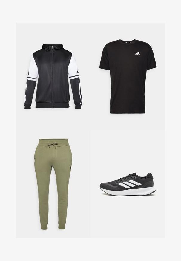 Svart hettegenser med glidelås som har hvite ermer og tre hvite striper langs armene. Laget av et glatt, lett stoff. Designet inkluderer hettegenseren.; Svart bomulls t-skjorte med korte ermer, rund hals og en hvit logo på venstre bryst. Glatt tekstur og enkelt design.; Grønn bomullsblanding joggebukse med elastisk midje og snøring, sidelommer og ribbestrikkede cuffs. Lite logo-patch på siden.; Svarte sportsko med pustende mesh-overdel, hvite detaljer og en polstret såle. Har tre striper-logo på siden.