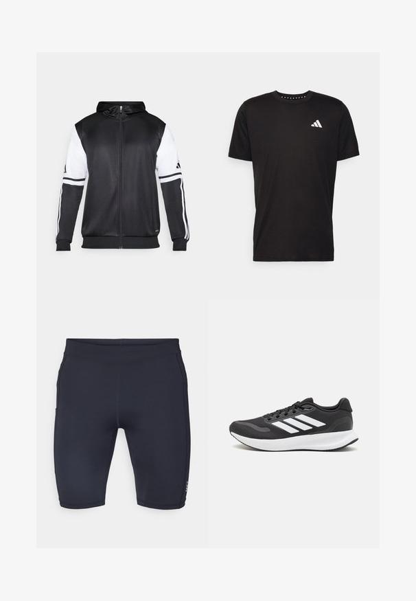 Mustapohjainen vetsaritakki, jossa on valkoiset hihnat ja kolme valkoista raitaa hihassa. Valmistettu sileästä, kevyestä kankaasta. Mukana hupparisuunnittelu.; Musta puuvillapaita lyhyillä hihoilla, pyöreä pääntie ja valkoinen logo vasemmassa rinnassa. Sujuva rakenne ja yksinkertainen muotoilu.; Navy shorts valmistettu joustavasta materiaalista, jossa on istuva muotoilu. Sanoituksia on sileitä saumoja ja pieni logo vasemmassa jalassa.; Mustat urheilukengät hengittävällä verkkosella yläosalla, valkoisilla yksityiskohdilla ja pehmustetulla pohjalla. Sivussa on kolme raitaa -logo.
