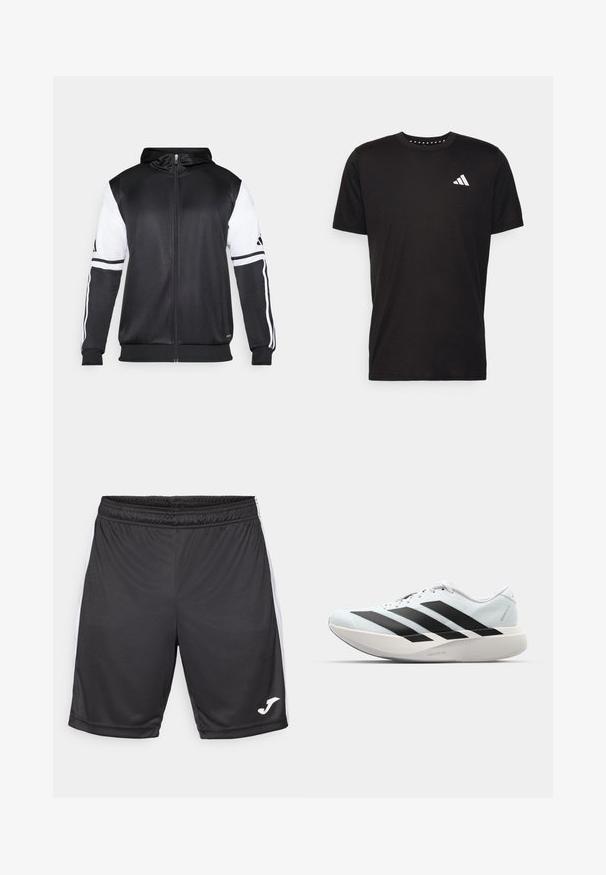 Juodas džinsinis užtrauktukas su baltais rankovėmis ir trimis baltais dryžiais ant rankų. Pagamintas iš lygaus, lengvo audinio. Džinsinio dizainas įtrauktas.; Juodas medvilnės marškinėliai trumpomis rankovėmis, su apvalia iškirpte ir balta logo kairiajame krūtinės šone. Lygus tekstūra ir paprastas dizainas.; Juodos sportinės šortai su glotnia tekstūra, turintys baltas šonines juosteles ir logotipą apatiniame krašte. Elastinė juosmens juosta komfortui.; Lengvi bėgimo batai šviesiai mėlynos spalvos su juodomis juostelėmis. Yra lygus viršus, apvalus pirštas ir storas baltas vidpadis su užrašu "LIGHTSTRIKE PRO."